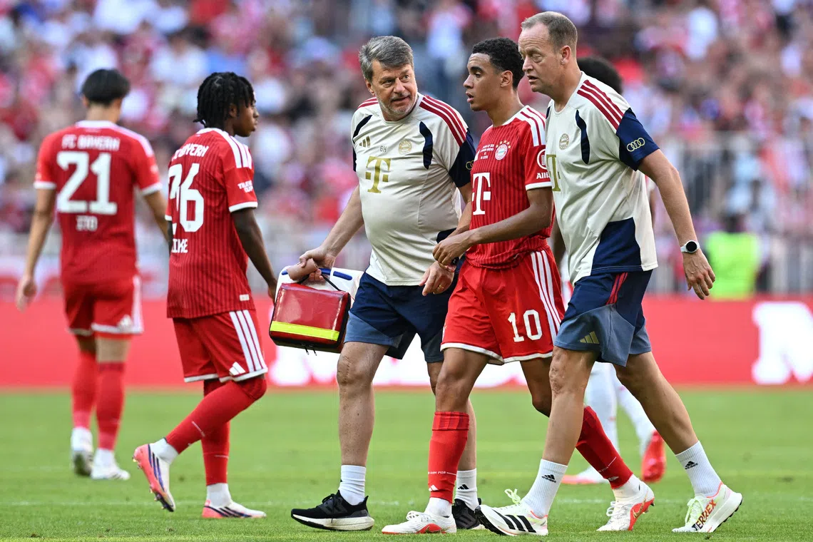 Bayern Munich’s Jamal Musiala walks off the pitch in a pre-season friendly on Aug 15.