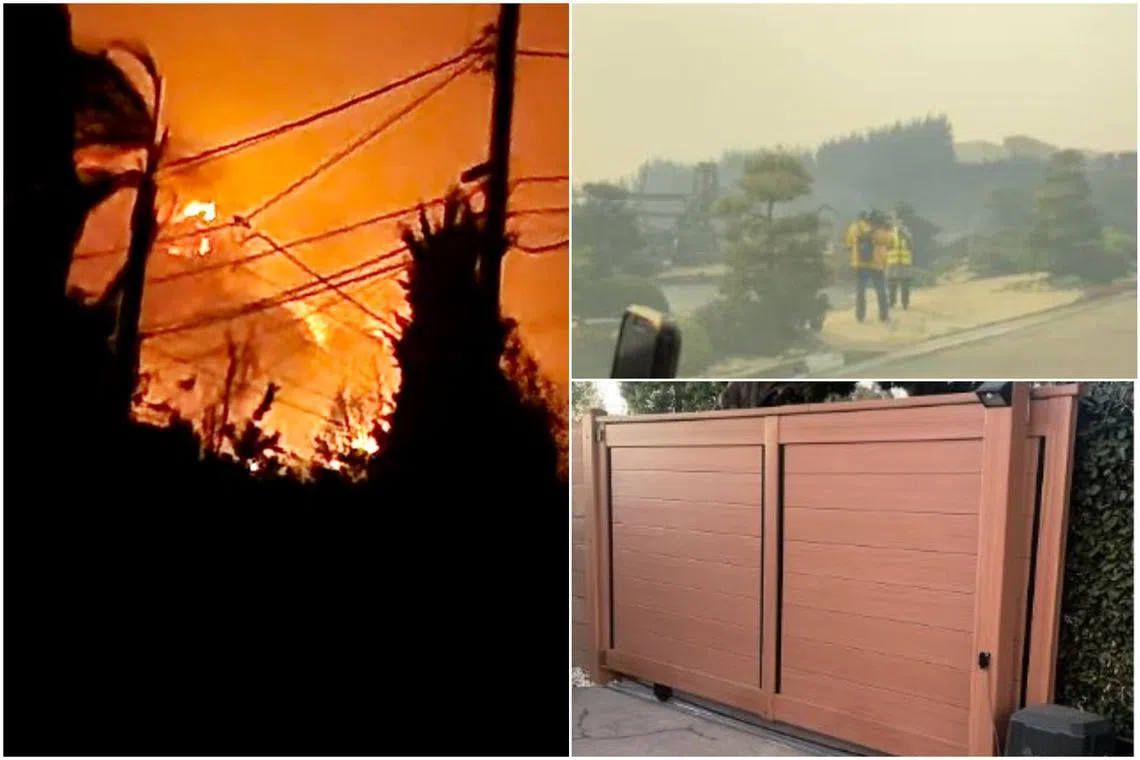 The wildfire caused Mrs Cheryl Uyesugi's holiday home (top right) to burn down, and Ms Winnie Puah’s front gate to derail.