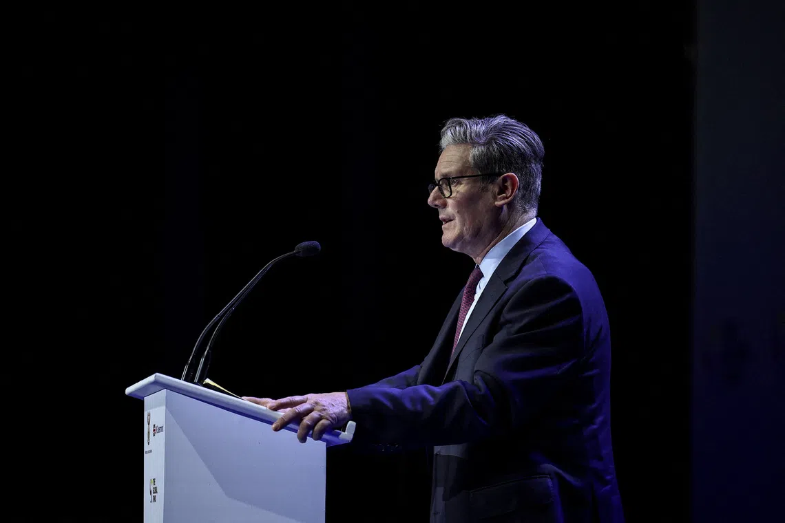 Britain's Prime Minister Keir Starmer speaks during the Global Fund’s Eighth Replenishment Summit at the Sandton Convention Centre in Sandton, Johannesburg, South Africa, on November 21, 2025, ahead of the G20 leaders' Summit.     HENRY NICHOLLS/Pool via REUTERS