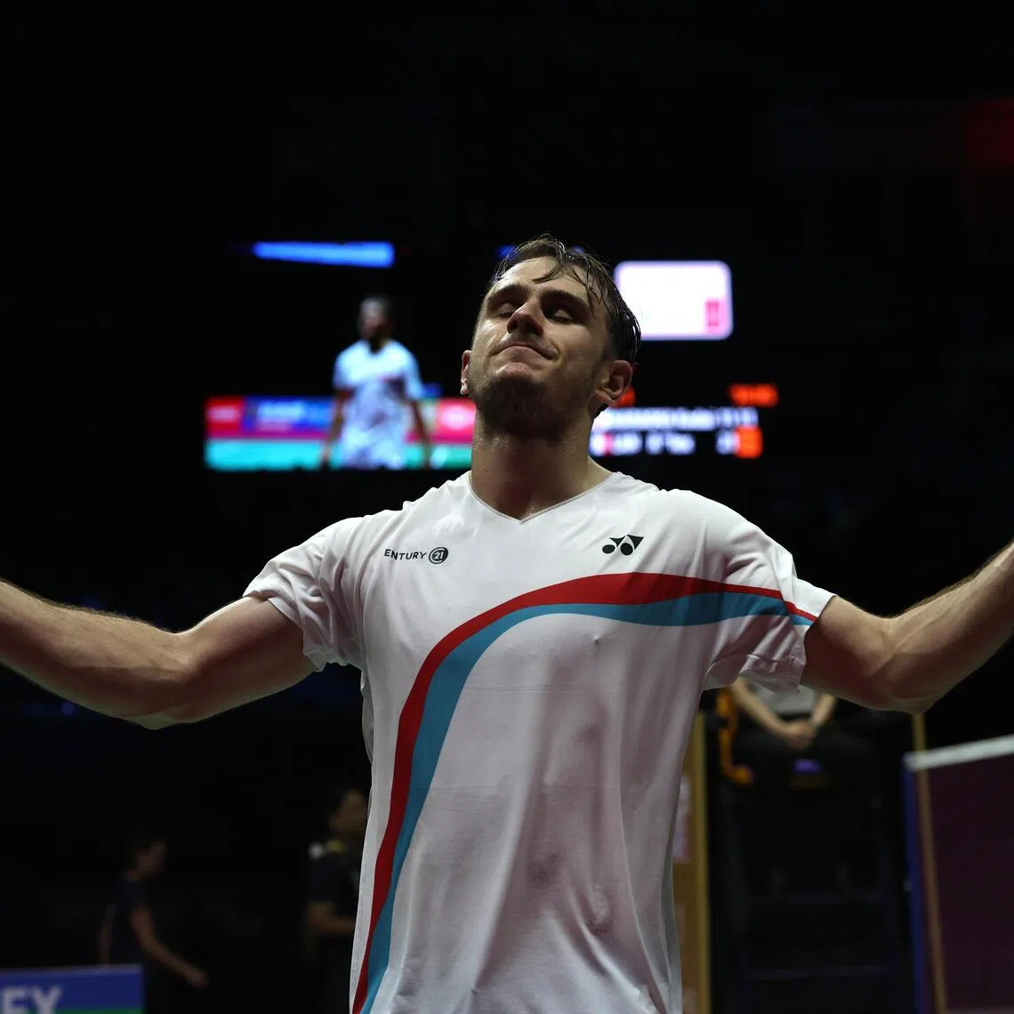 Alex Lanier celebrating after winning the men’s single final against Kodai Naraoka of Japan at the BWF World Championships in New Delhi on Aug 23.