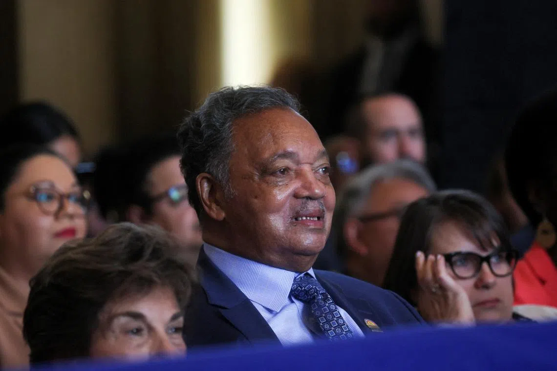 FILE PHOTO: Reverend Jesse Jackson looks on, as U.S. President Joe Biden delivers an economic policy speech at The Old Post Office in Chicago, Illinois, U.S., June 28, 2023. REUTERS/Leah Millis/File Photo