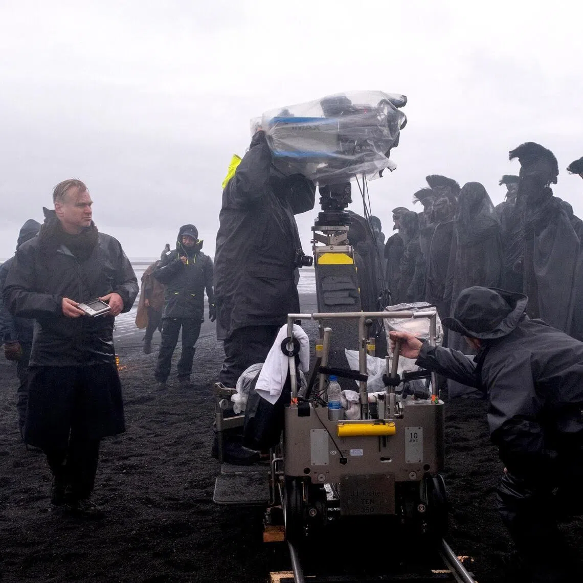Director Christopher Nolan (left) on the set of The Odyssey.
