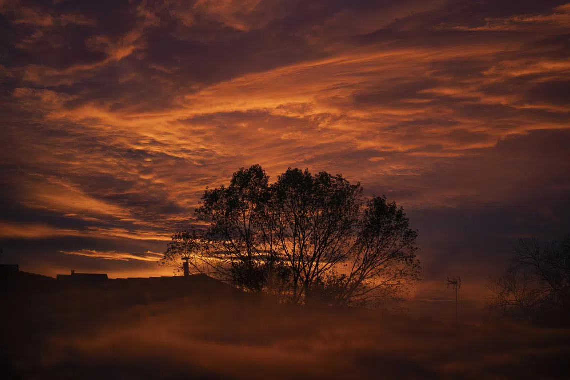 The sun setting in Hinjedo, Cantabria, northern Spain on Nov 12, 2023.  