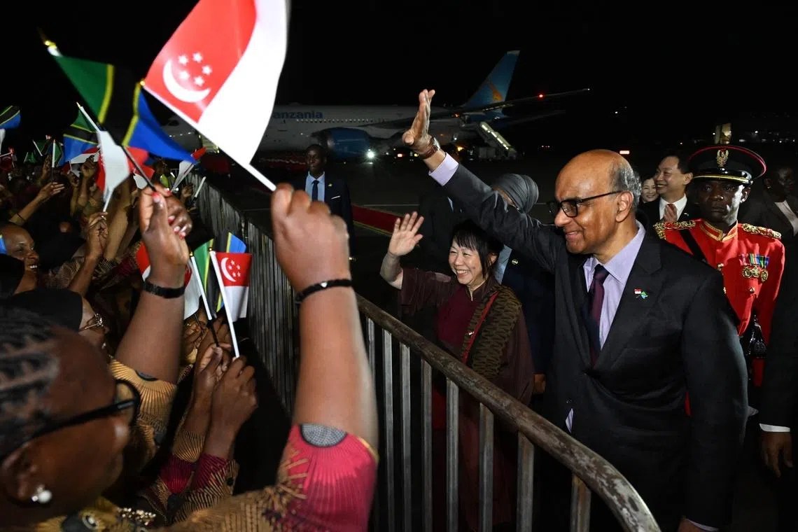 President Tharman Shanmugaratnam and his spouse Jane Ittogi Shanmugaratnam arriving at the Julius Nyerere International Airport in Tanzania on June 8.