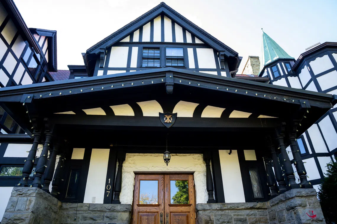 The closed chapter house of Cornell University’s Chi Phi fraternity in Ithaca, New York. The university will ban parties and social events at fraternity houses until the end of the academic year.