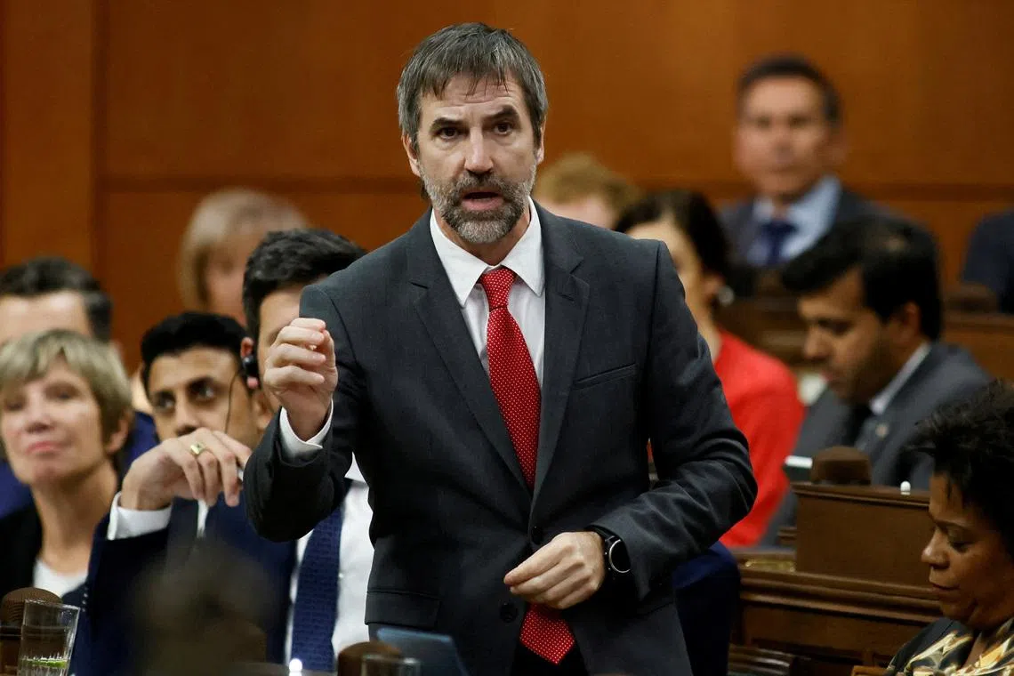 FILE PHOTO: Canada's Minister of Canadian Identity and Culture Steven Guilbeault speaks during Question Period in the House of Commons on Parliament Hill in Ottawa, Ontario, Canada September 15, 2025. REUTERS/Blair Gable/File Photo