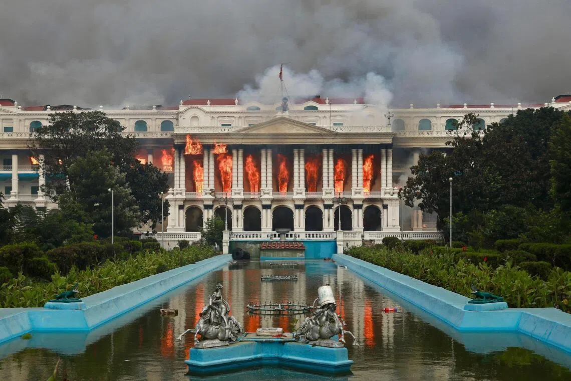 Fire rages through the Singha Durbar, the main administrative building for the Nepal government, in Kathmandu on Sept 9, 2025, a day after a police crackdown on demonstrations over social media prohibitions and corruption by the government..