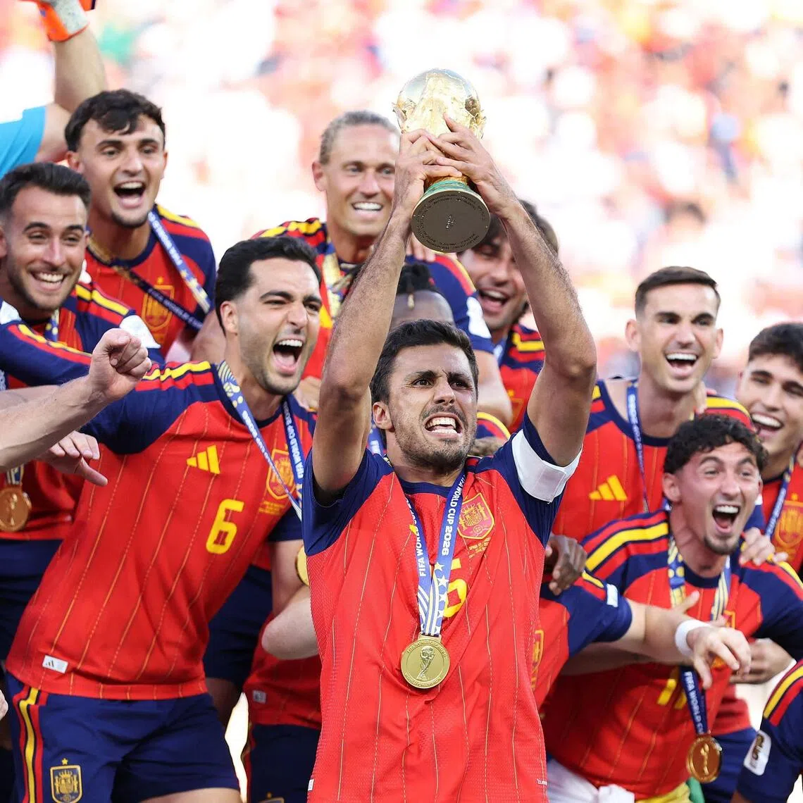 Rodri lifting the trophy on July 19, after Spain beat Argentina to win the 2026 World Cup.