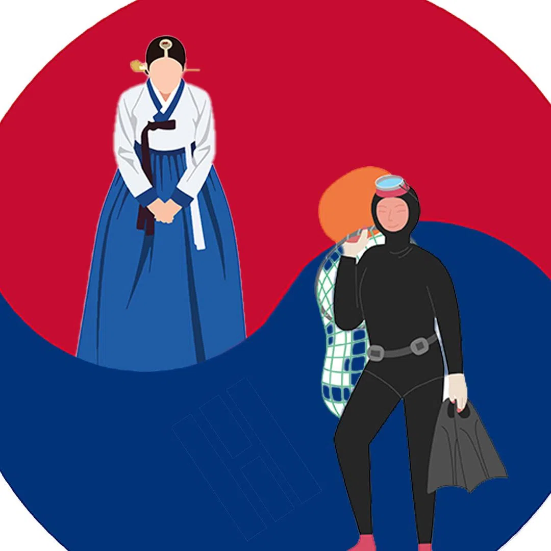 An image of a lady wearing hanbok and a haenyeo (sea women) superimposed into the South Korea flag.