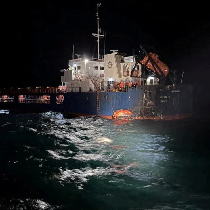 A view shows a vessel that was hit by a drone in the Black Sea, in this handout image released by the Bulgarian Interior Ministry on October 13, 2026. Bulgarian Interior Ministry/Handout via REUTERS ATTENTION EDITORS - THIS IMAGE HAS BEEN SUPPLIED BY A THIRD PARTY.     TPX IMAGES OF THE DAY