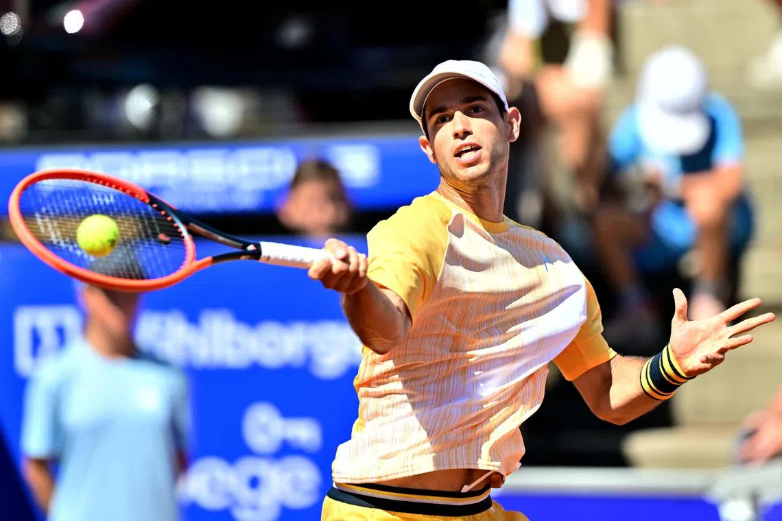 Portugal's Nuno Borges during his singles final against Spain's Rafael Nadal in the Swedish Open on July 21, 2024.