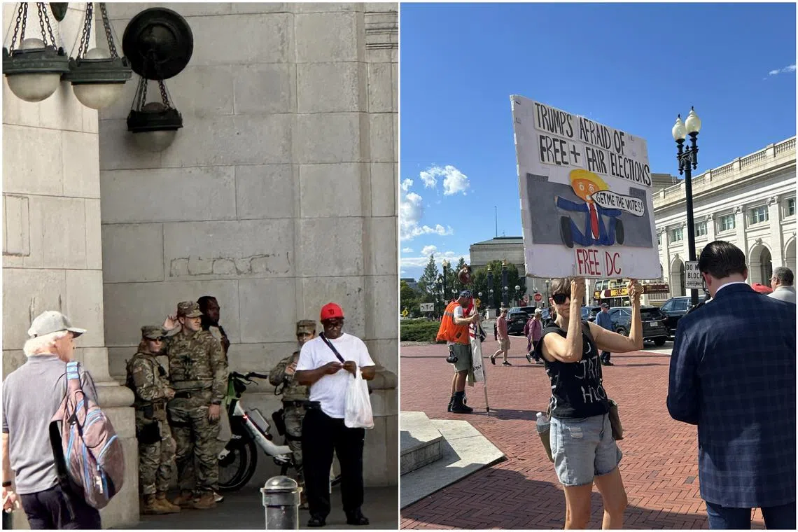 US National Guards and a protester in Washington on Aug 26.