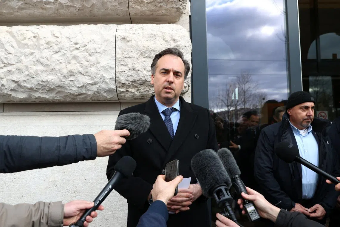 U.S. ambassador to Hungary David Pressman speaks to members of the media after attending the Hungarian parliament's extraordinary session, called by the opposition, in a surprise show of pressure on Hungary to approve Sweden's NATO accession bid in Budapest, Hungary, February 5, 2024. REUTERS/Bernadett Szabo/File Photo