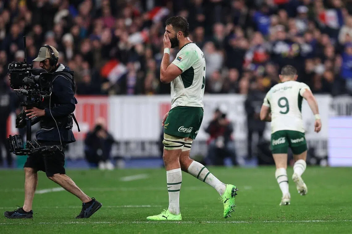 South Africa lock Lood de Jager after receiving a red card in the Autumn Nations Series international rugby union test match against France in Saint-Denis on Nov 8, 2025.