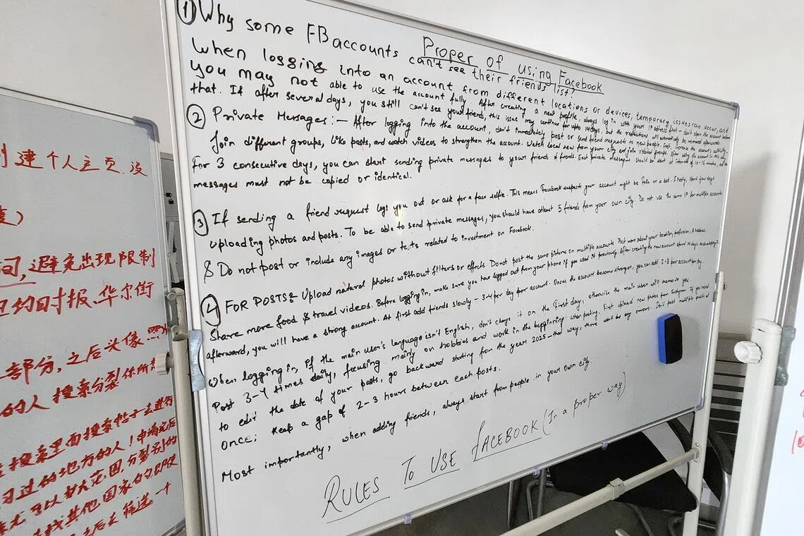 A whiteboard with instructions on how to use Facebook to engage with potential scam victims.