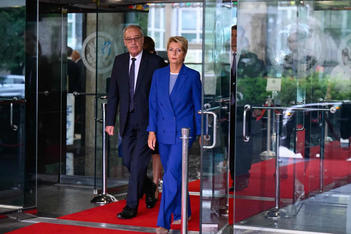 Swiss President Karin Keller-Sutter (right) and Swiss Economy Minister Guy Parmelin leaving the US State Department after a meeting with US Secretary of State Marco Rubio on Aug 6.