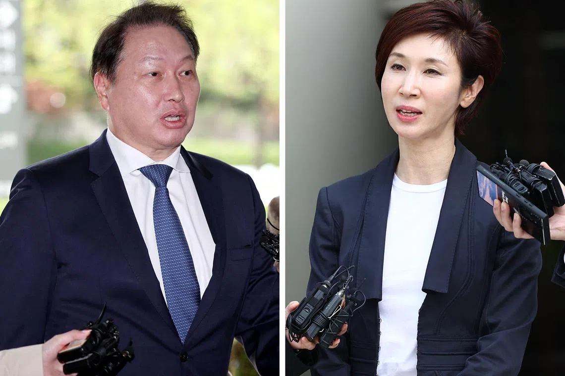 SK Group Chairman Chey Tae-won (left) and his estranged wife wife Roh So-young, arriving for their divorce trial at the Seoul High Court in Seoul on April 16, 2024.