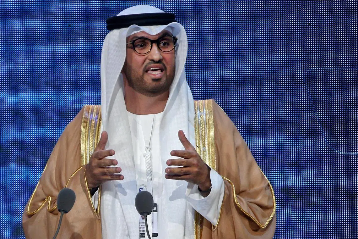 (FILES) In this file photo taken on November 11, 2019, the United Arab Emirates' minister of state and CEO of the Abu Dhabi National Oil Company (ADNOC), Sultan Ahmed al-Jaber, addresses the opening ceremony of the Abu Dhabi International Petroleum Exhibition and Conference (ADIPEC) in the Emirati capital. - The head of the United Arab Emirates' national oil company was named as president of this year's COP28 climate talks on January 12, 2023, promising a "pragmatic" approach to climate action. (Photo by AFP)