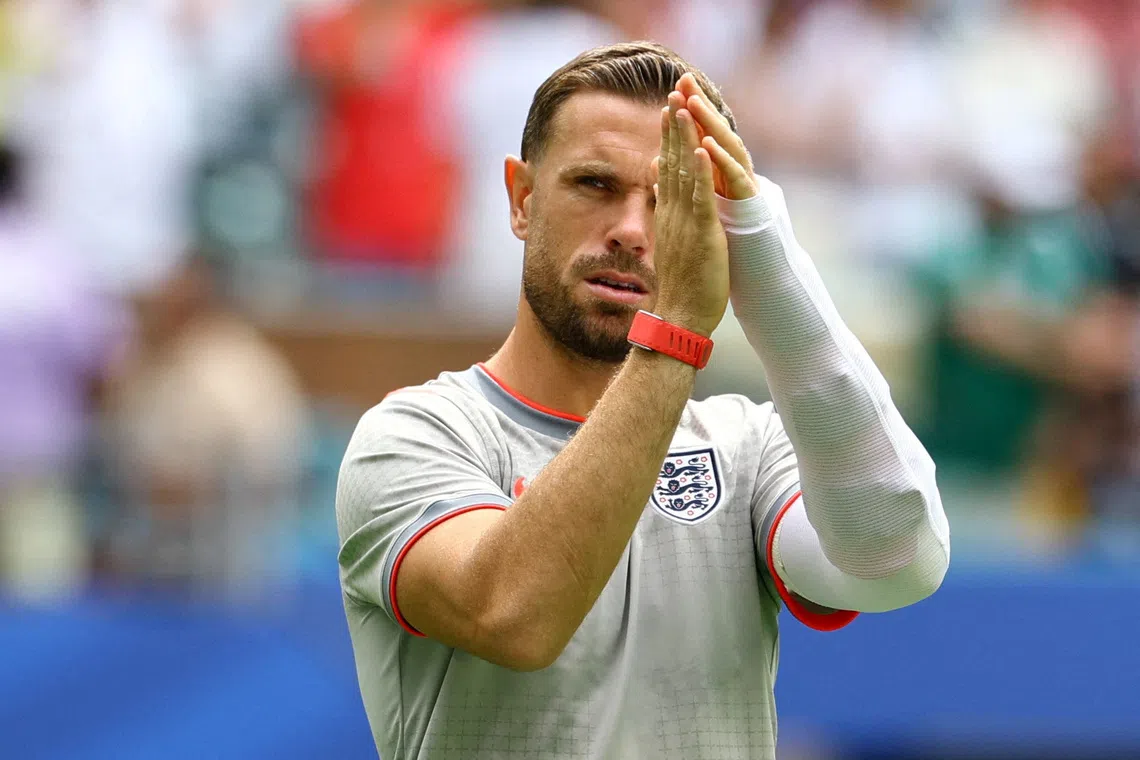 England’s Jordan Henderson with a brace on his left arm during the warm-up before the 2026 World Cup third place play-off against France on July 18 in Miami, USA.