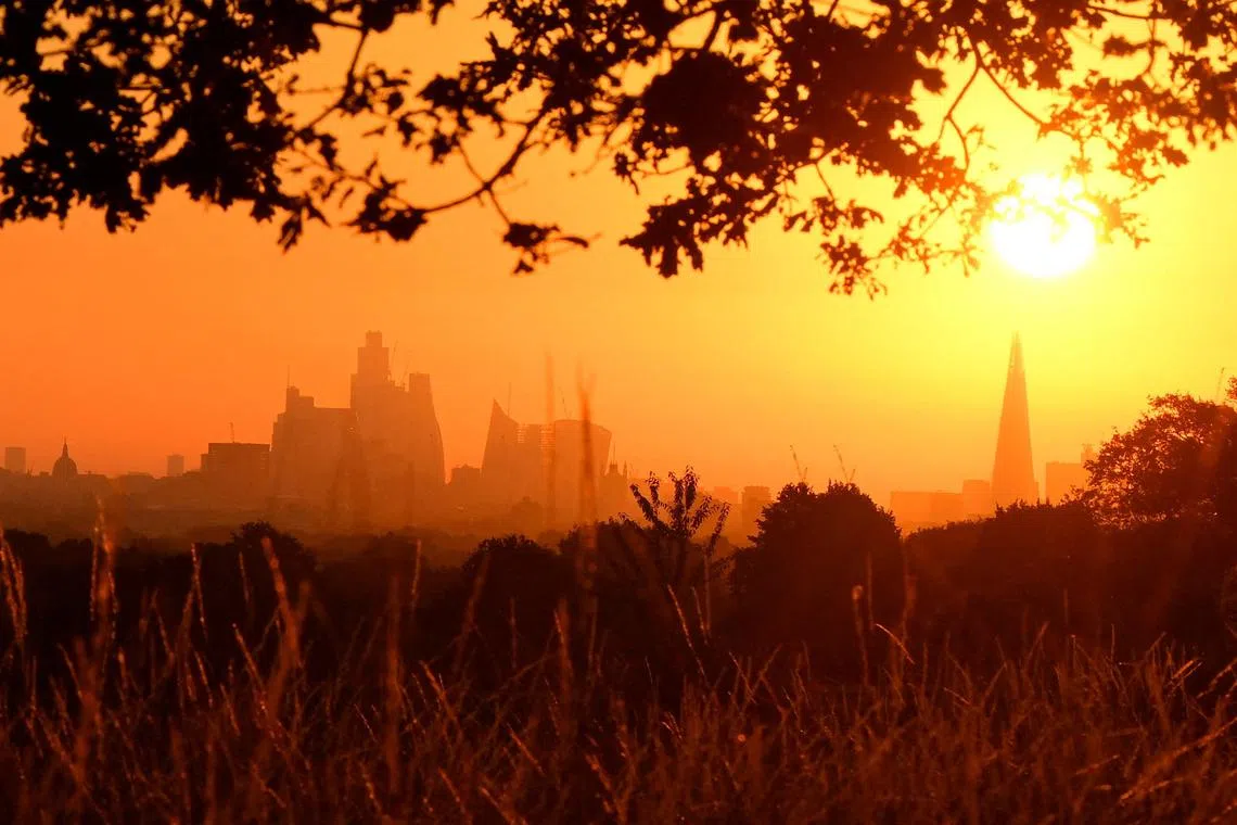 FILE PHOTO: The sun rises above the London skyline, as a second heatwave is predicted for parts of the country, in London, Britain, August 11, 2022.  REUTERS/Toby Melville/File Photo