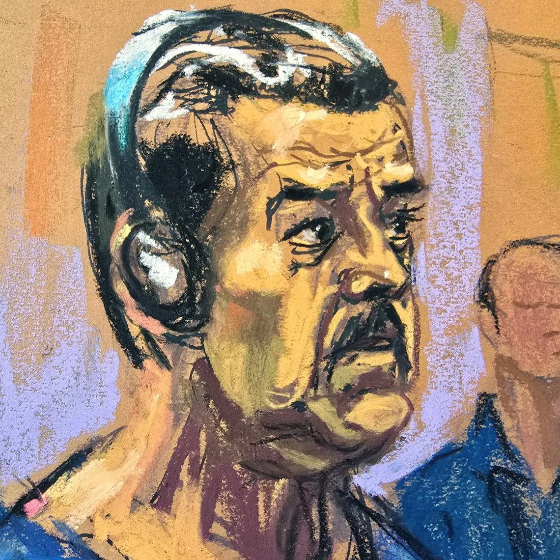 Venezuela's captured President Nicolas Maduro attends his arraignment to face U.S. federal charges including narco-terrorism, conspiracy, drug trafficking, money laundering and others, at the Daniel Patrick Moynihan United States Courthouse in Manhattan, New York City, U.S., January 5, 2026 in this courtroom sketch. REUTERS/Jane Rosenberg