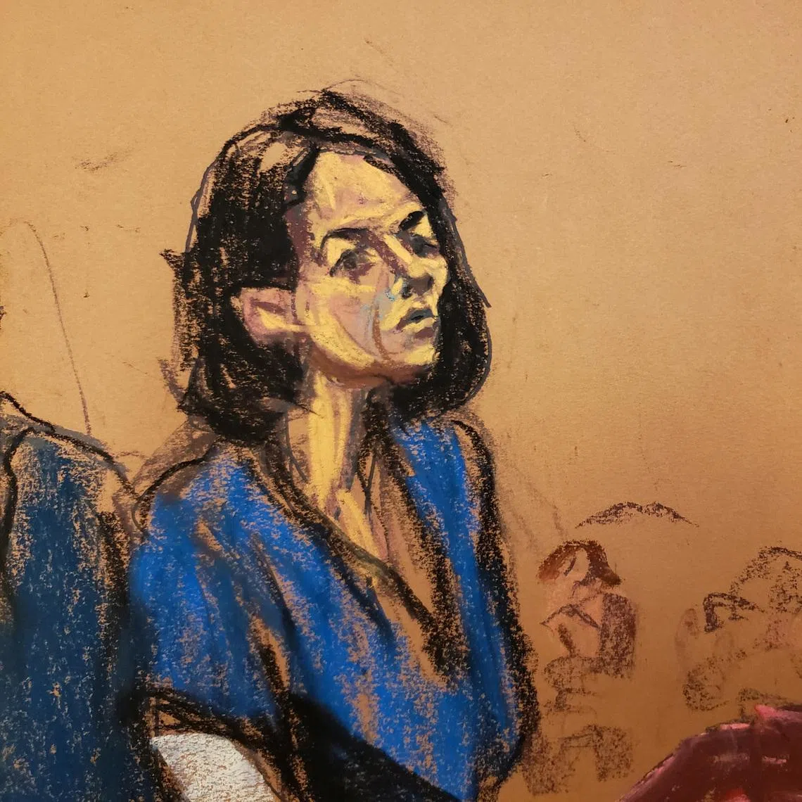 Jeffrey Epstein associate Ghislaine Maxwell stands at the podium to address Judge Alison Nathan during her sentencing in a courtroom sketch in New York City, U.S. June 28, 2022. Maxwell was convicted on December 29, 2021 on five of the six counts she faced for helping the late financier and convicted sex offender Jeffrey Epstein sexually abuse underage girls.   REUTERS/Jane Rosenberg/File Photo