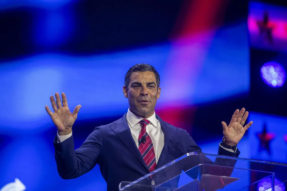 Miami Mayor Francis Suarez speaking at the Turning Point Action conference, in West Palm Beach, Florida on July 16, 2023. 