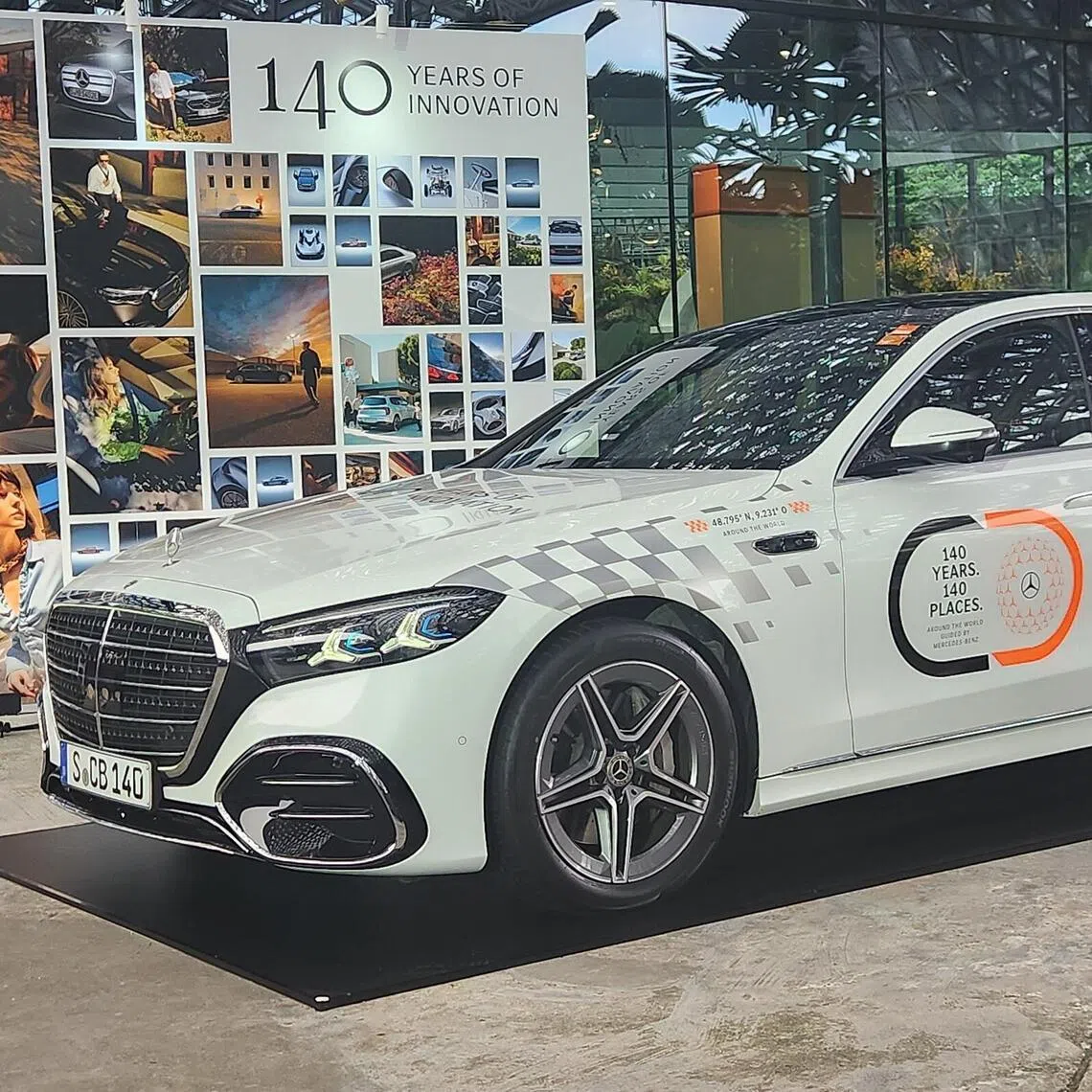 One of three Mercedes-Benz S-class cars making the 50,000km global drive on display at Gardens by the Bay.