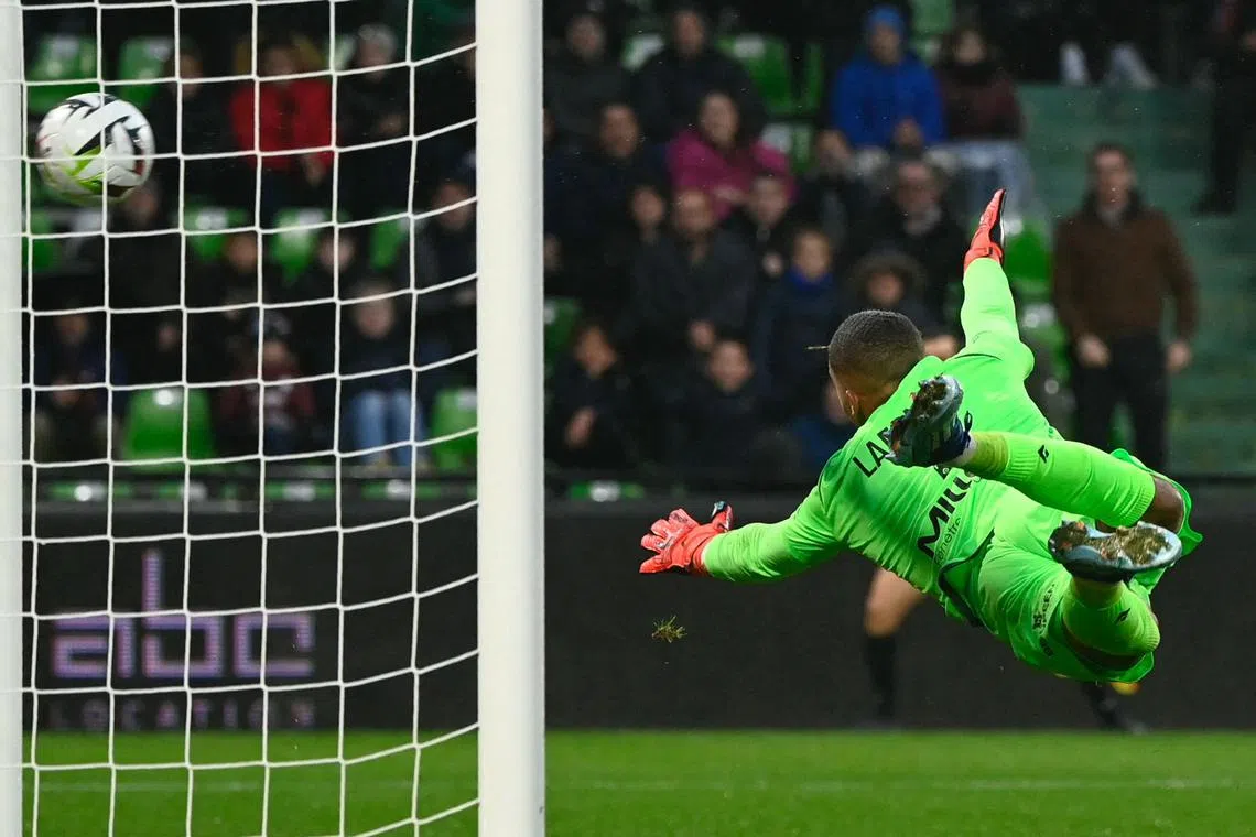 Nantes goalkeeper Alban Lafont conceding a goal during the French Ligue 1 football match between FC Metz and FC Nantes at the Saint-Symphorien Stadium in Longeville-les-Metz, eastern France on Nov 12, 2023.