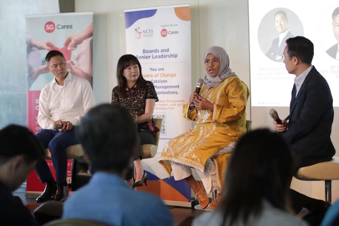 (From left): Chief executive of Touch Community Services, Mrs Kim Lang Khalil, chief executive of HCSA Community Services, Ms Saleemah Ismail, chief executive of New Life Stories and moderator Mr Steve Loh.