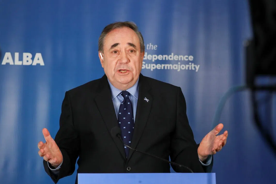 FILE PHOTO: ALBA Party Leader and Scotland's former First Minister Alex Salmond speaks at the launch of ALBA's national campaign, in Ellon, Scotland, Britain, April 6, 2021. REUTERS/Russell Cheyne/File Photo