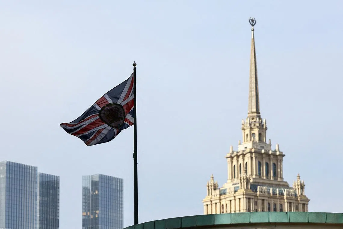FILE PHOTO: A flag flies above the British embassy in Moscow, Russia September 13, 2024. REUTERS/Evgenia Novozhenina/File Photo