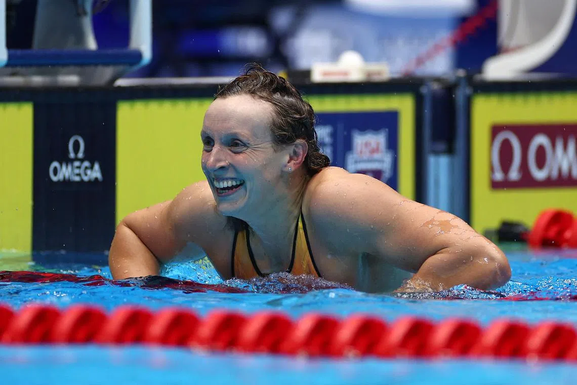 Katie Ledecky after the 200m freestyle final at the US Olympic trials in Indianapolis on June 17, 2024.
