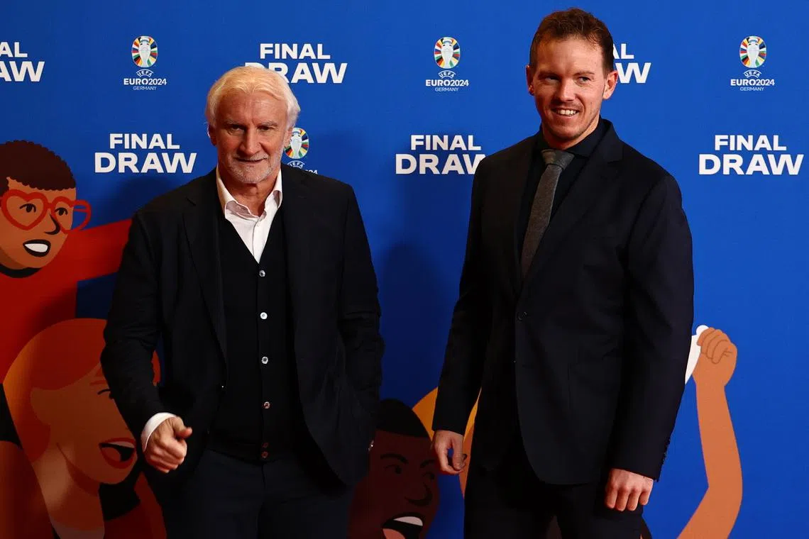 German National Team director Rudi Voeller (left) and team head coach Julian Nagelsmann attend the draw in Hamburg.