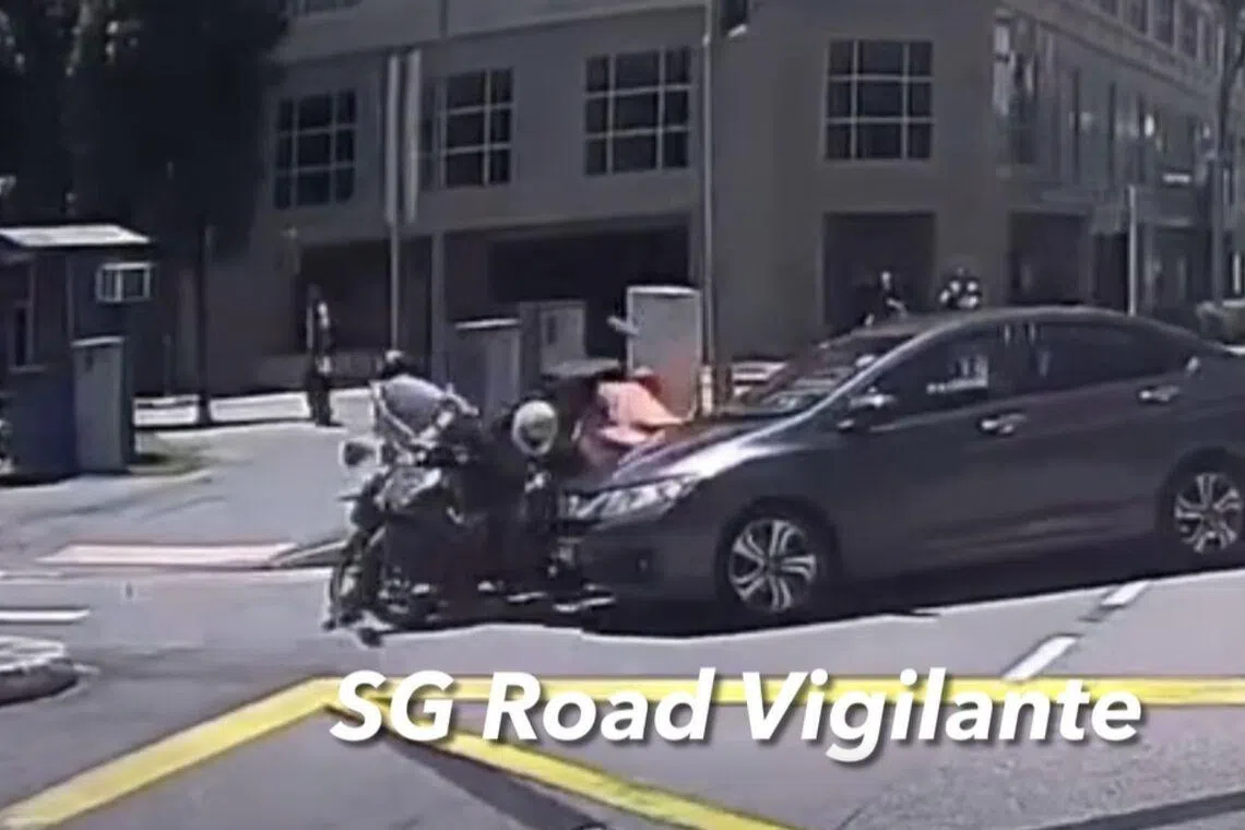 The motorcyclist who was involved in the collision with the car was taken conscious to Raffles Hospital, which is just next to the accident site.