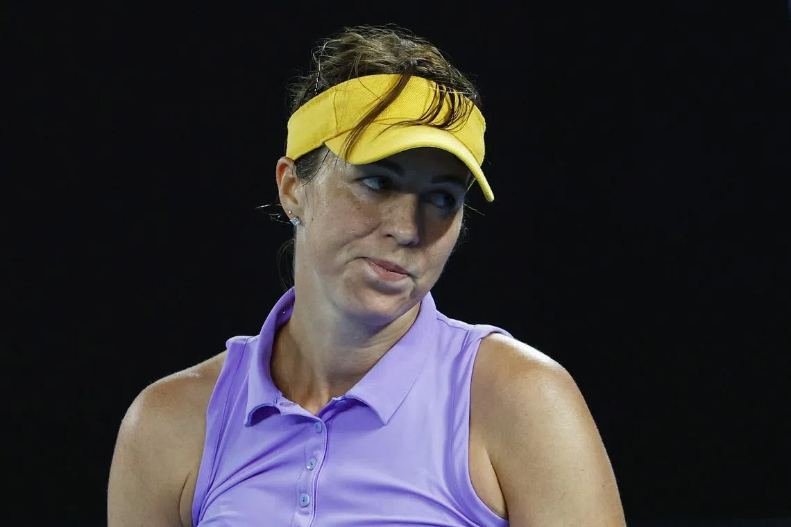 Tennis - Australian Open - Melbourne Park, Melbourne, Australia - January 21, 2025 Russia's Anastasia Pavlyuchenkova reacts during her quarter final match against Belarus' Aryna Sabalenka REUTERS/Kim Kyung-Hoon