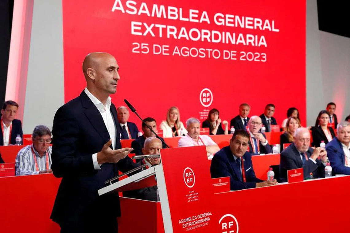 Soccer Football - Spanish Soccer Federation Meeting - Ciudad Del Futbol Las Rozas, Las Rozas, Spain - August 25, 2023  President of the Royal Spanish Football Federation Luis Rubiales announces he will be staying as president during the meeting RFEF/Handout via REUTERS