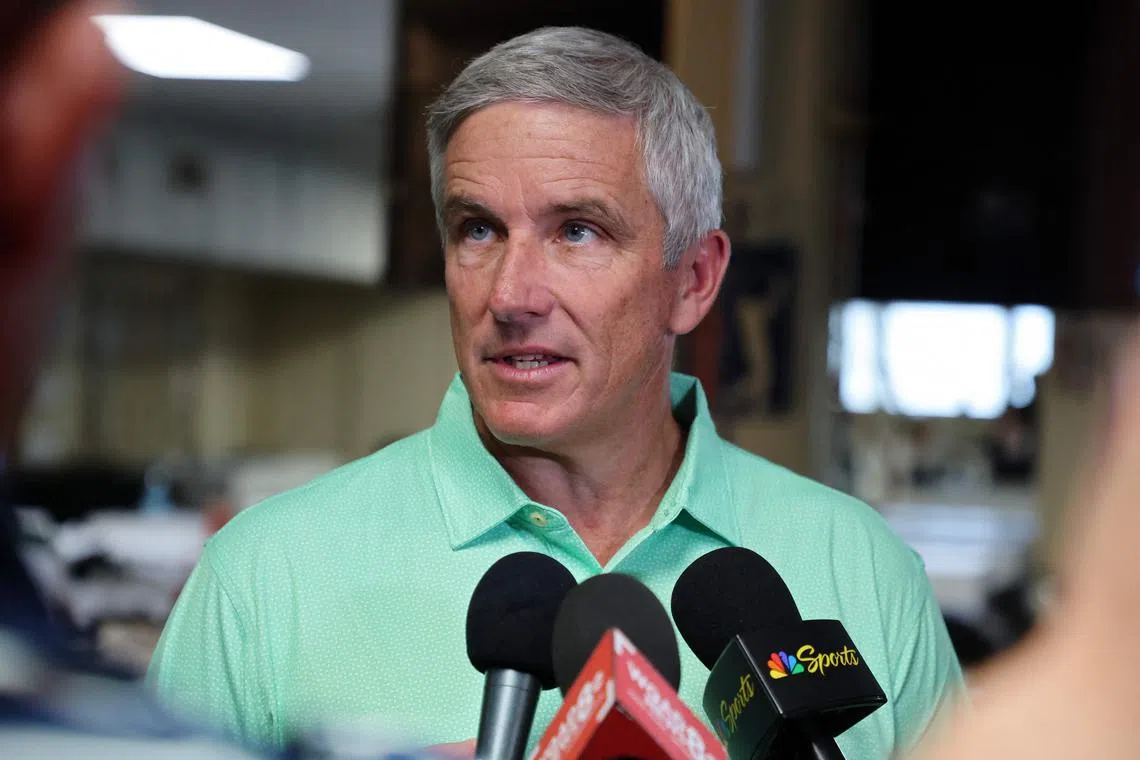 PGA Tour commissioner Jay Monahan speaking to the media during a press conference ahead of the John Deere Classic on July 3.