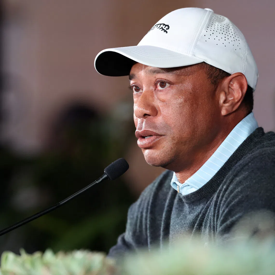 Feb 17, 2026; Pacific Palisades, CA, USA;  Genesis Invitational tournament host Tiger Woods speaks to the media during a press conference at Riviera Country Club. Mandatory Credit: Kiyoshi Mio-Imagn Images/ File Photo