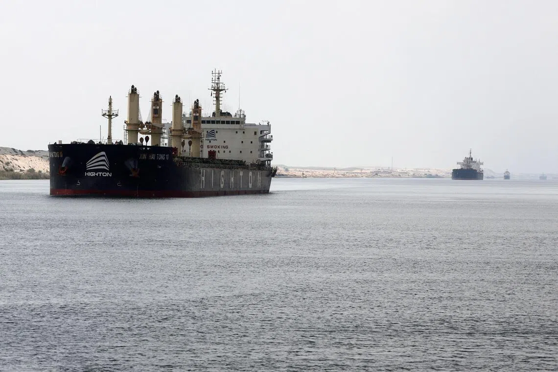 Ships moving through the Suez Canal, in Ismalia, Egypt, in 2025. The Suez Canal is a last remaining safe export route for Saudi oil.