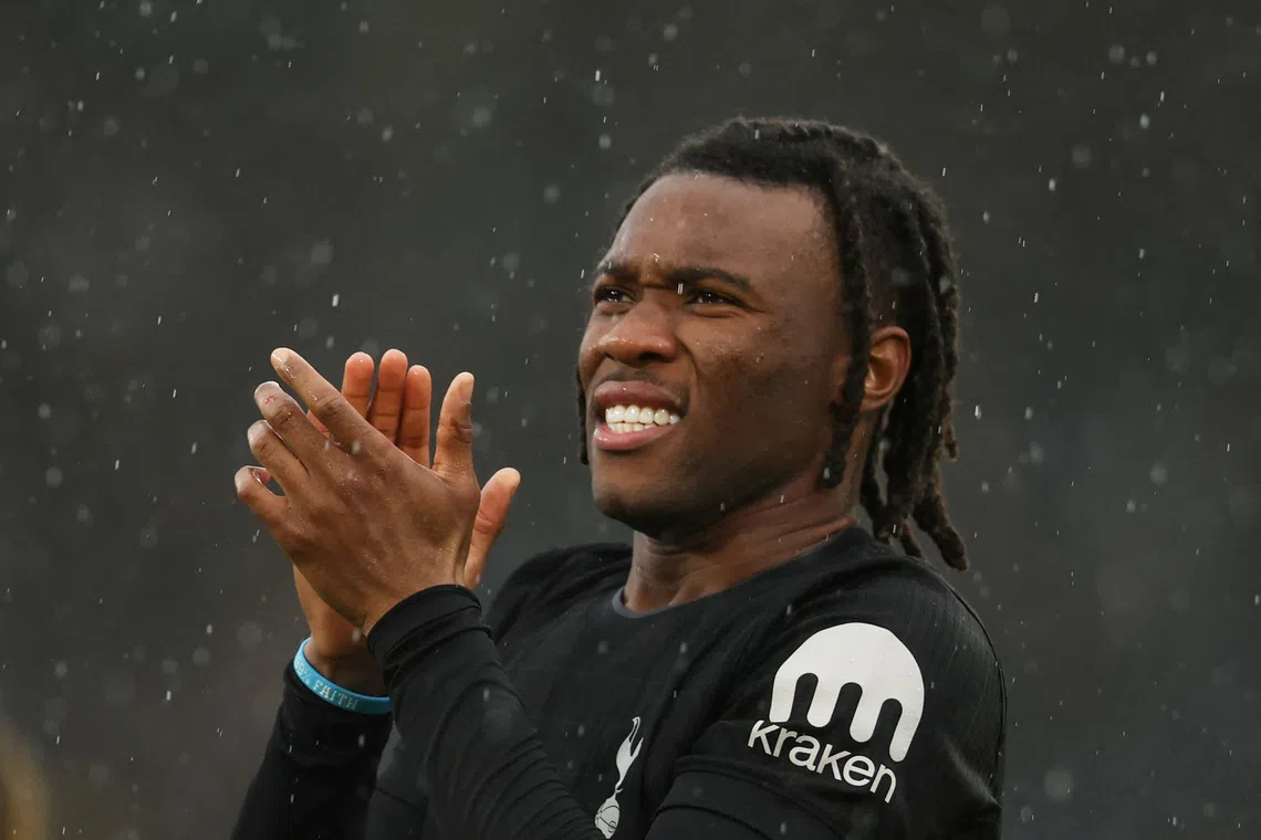 Soccer Football - Premier League - Leeds United v Tottenham Hotspur - Elland Road, Leeds, Britain - October 4, 2025 Tottenham Hotspur's Destiny Udogie celebrates after the match REUTERS/Chris Radburn
