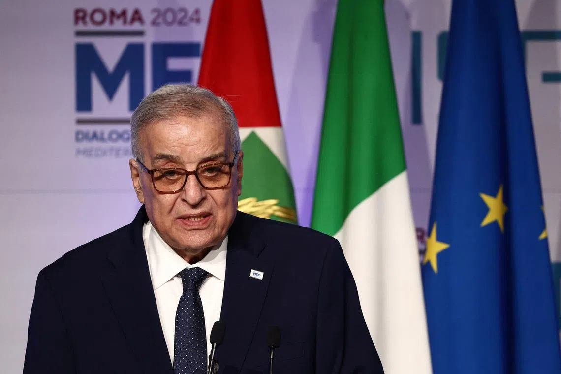 Lebanese Foreign Minister Abdallah Bou Habib speaks during the Mediterranean Dialogues conference in Rome, Italy, November 25, 2024. REUTERS/Guglielmo Mangiapane