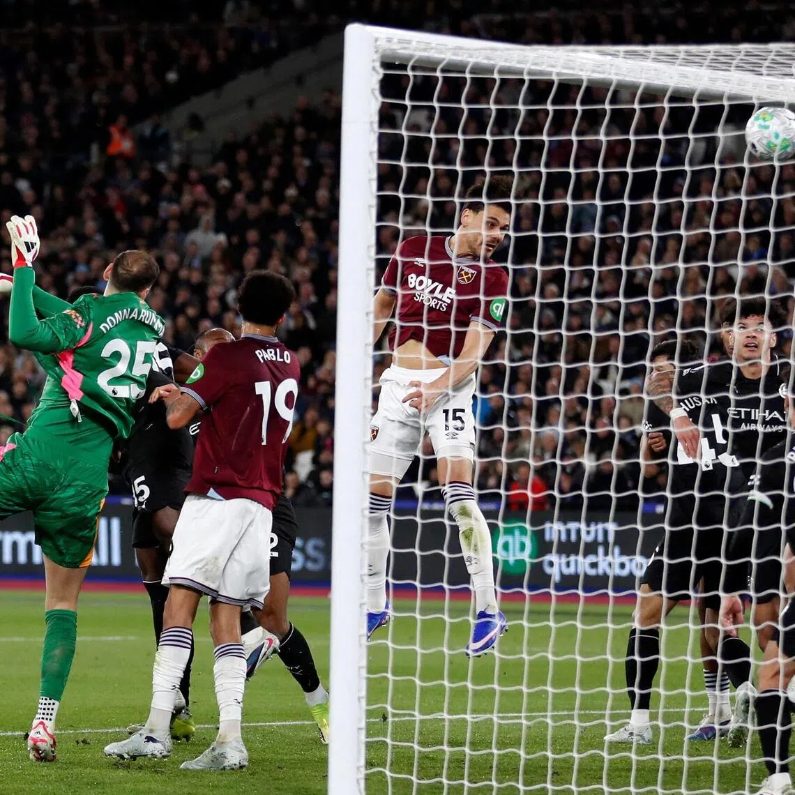 West Ham United's Konstantinos Mavropanos (centre) heading home the equaliser against Manchester City on March 14.