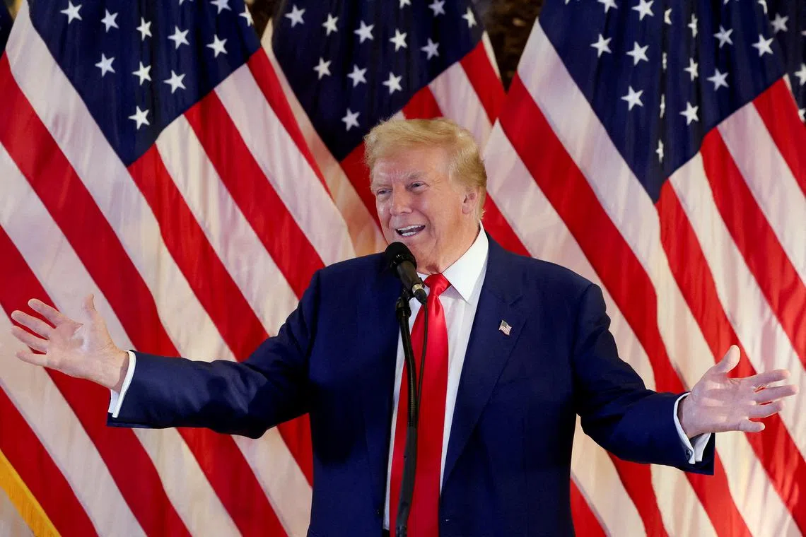 FILE PHOTO: Republican presidential candidate and former U.S. President Donald Trump gestures as he speaks during a press conference at Trump Tower in New York City, U.S., May 31, 2024. REUTERS/Brendan McDermid/File Photo
