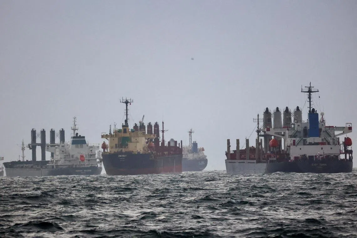 FILE PHOTO: Vessels are seen as they wait for inspection under United Nation's Black Sea Grain Initiative in the southern anchorage of the Bosphorus in Istanbul, Turkey December 11, 2022. REUTERS/Yoruk Isik//File Photo