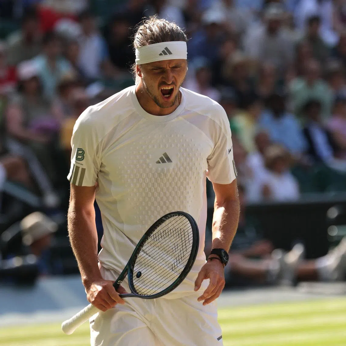 Tennis - Wimbledon - All England Lawn Tennis and Croquet Club, London, Britain - July 7, 2026 Germany's Alexander Zverev reacts during his fourth round match against Czech Republic's Jiri Lehecka REUTERS/Marko Djurica