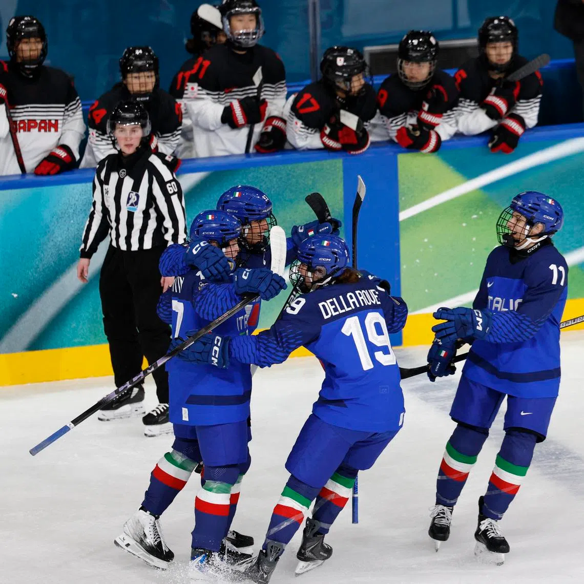 Milano Cortina 2026 Olympics - Ice Hockey - Women's Preliminary Round - Group B - Japan vs Italy - Milano Rho Ice Hockey Arena, Milan, Italy - February 09, 2026. Matilde Fantin of Italy celebrates scoring their second goal with teammaates REUTERS/David W Cerny