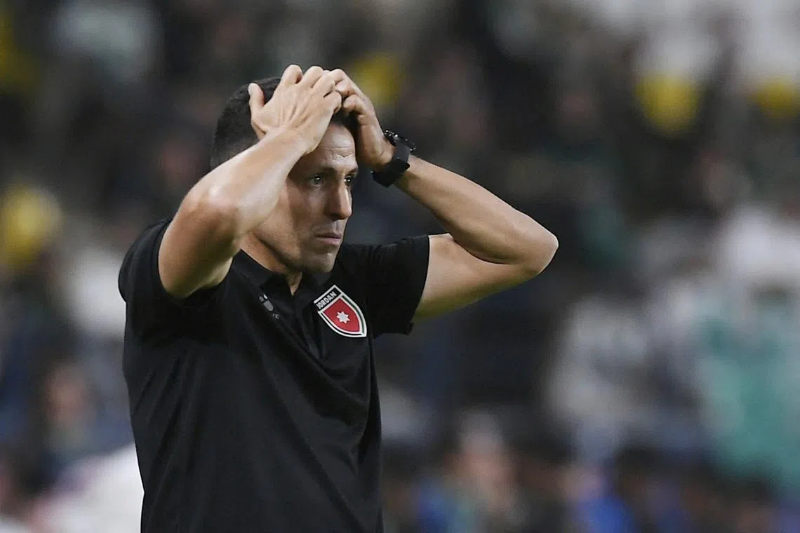 FILE PHOTO: Soccer Football - World Cup - AFC Asian Qualifiers - Group G - Saudi Arabia v Jordan - Al-Awwal Stadium, Riyadh, Saudi Arabia - June 11, 2024 Jordan coach Hussein Ammouta reacts REUTERS/Stringer/File Photo