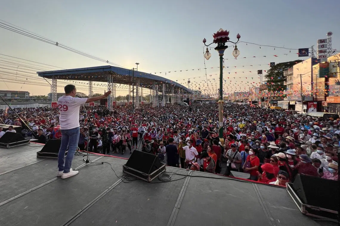 Former property tycoon Srettha Thavisin speaking at a rally in Bua Yai district in Nakhon Ratchasimi on Saturday. He is one of three prime-minister candidates for Pheu Thai Party, which pledged to give every citizen aged 16 and above 10,000 baht (S$393) to spend in the vicinity of their homes.