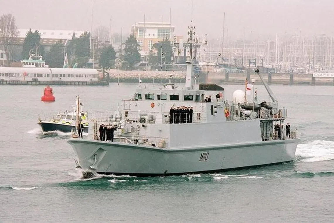 An undated recently taken hand out photograph received on March 28,
2003.shows the Sandown Class Minehunter HMS RAMSEY
(M110), sailing from HM Naval Base Portsmouth en-route
to the Gulf.  REUTERS/Jack Russell/HO

MD/jv